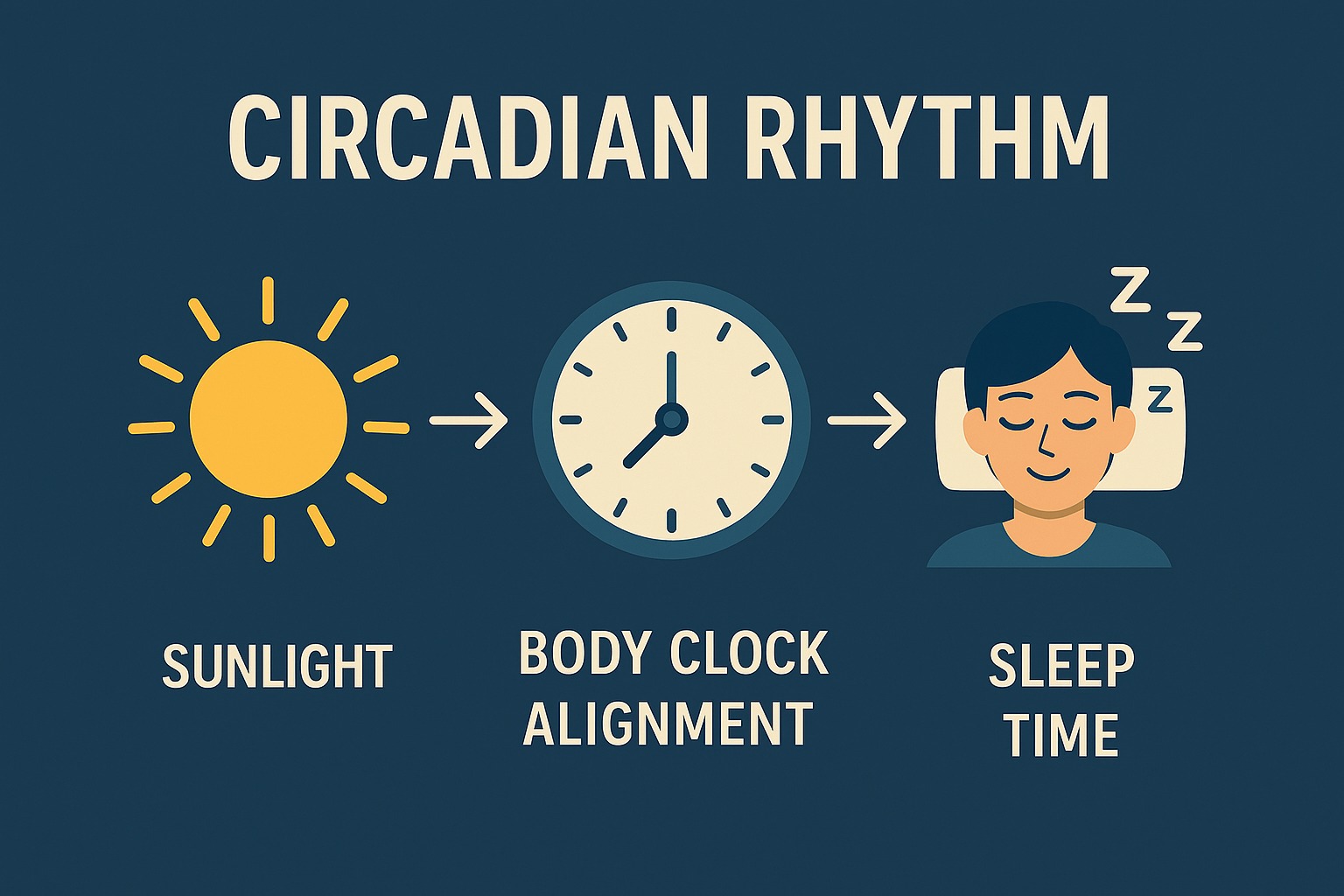 Circadian rhythm and sleep alignment Circadian rhythm infographic showing sunlight, clock, and sleep cycle